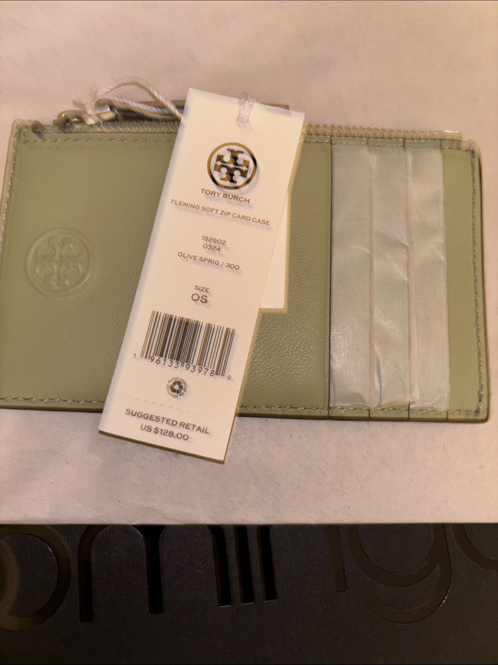 Tory Burch Olive Sprig Leather Zip Card Case
